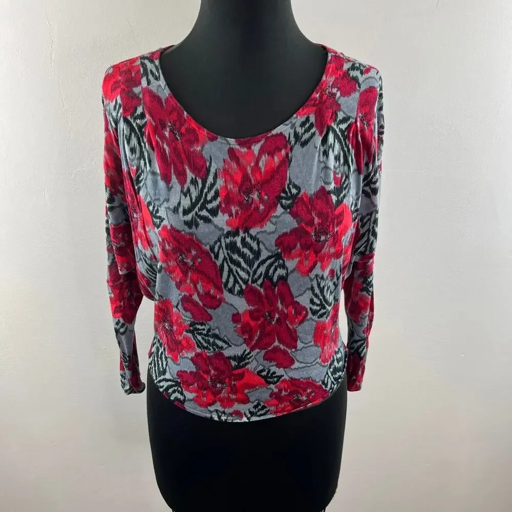 FREE PEOPLE Red Gray Floral Print Long Sleeve Round Neck Pullover Knit Top Sz S